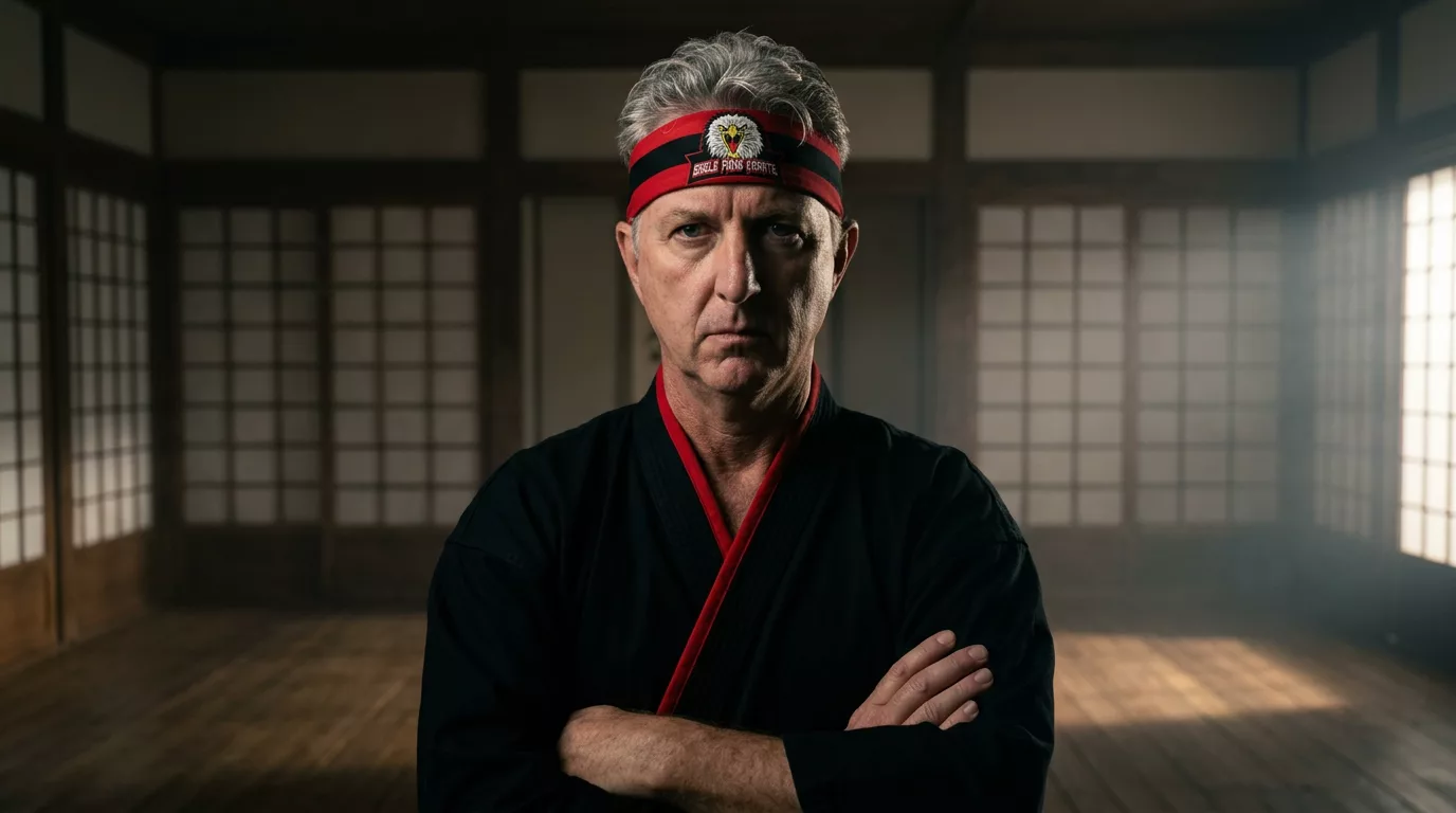 Sensei Steve, arms crossed, dojo at dawn