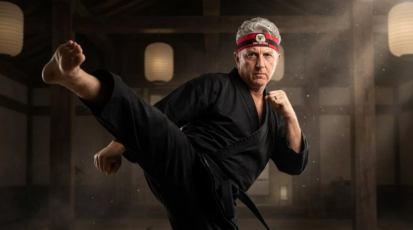 Sensei Steve mid kick, dust catching the lantern light