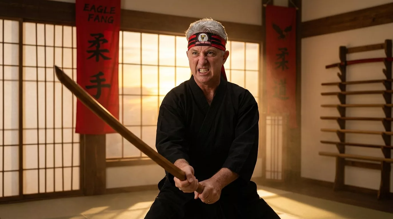 Sensei Steve with a wooden bokken, warm light through paper screens