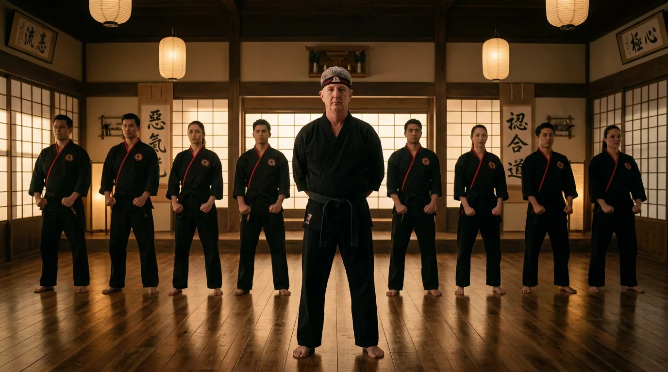 Sensei Steve before a line of Eagle Fang students in formal kamae